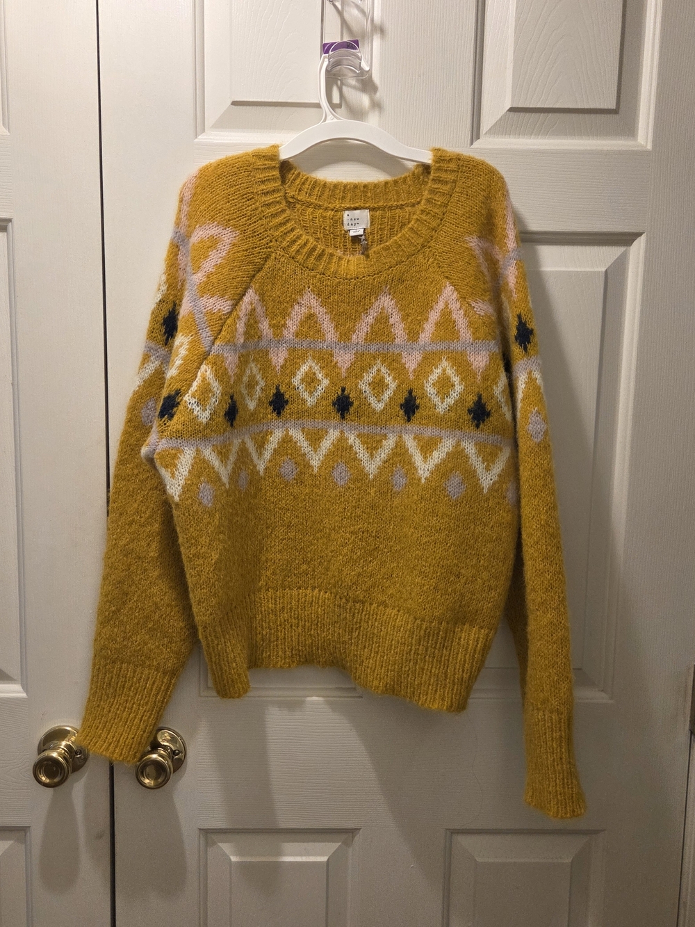a new day Mustard Yellow Crewneck Sweater with Geometric Pattern